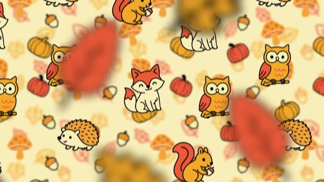 A looped dynamic animation of a cute autumn woodland animal pattern in seamless motion with foxes and squirrels