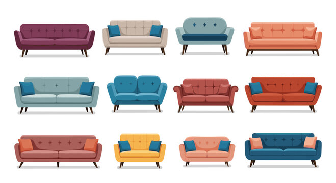 Large collection of colorful modern sofas and couches with pillows in various styles isolated on a white background.