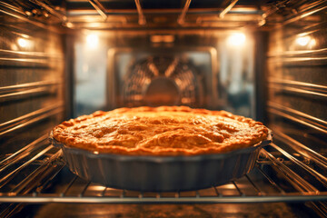 Freshly baked golden brown pie inside a home oven with warm lighting highlighting the crisp crust and ready to be served as a delicious dessert or meal