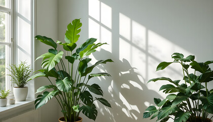 Aesthetic indoor plant arrangement featuring monstera and philodendron in soft natural window light, set within a minimal Scandinavian interior, creating a fresh, calming, high-resolution visual.