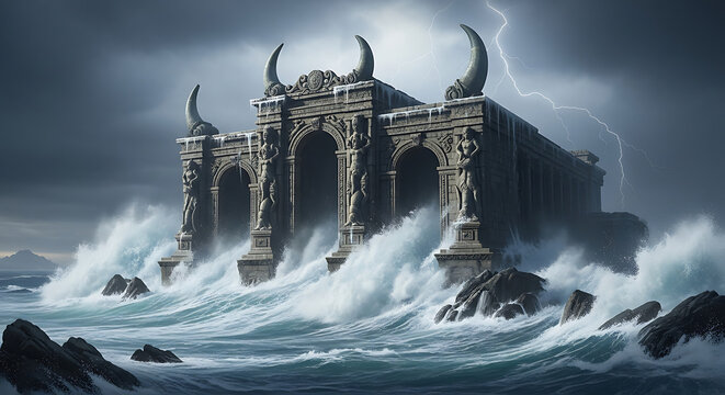 Ancient dark stone temple with horns engulfed by colossal waves in a stormy, icy sea with lightning