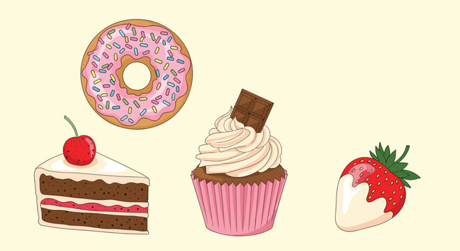 Delicious assortment of sweet desserts including a donut a slice of cake a cupcake and a chocolate-covered strawberry.