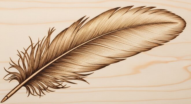 Intricate feather woodburning art on light wooden background
