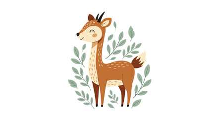 Sweet cartoon illustration of a happy baby gazelle or antelope standing gracefully among a frame of green leaves and foliage.