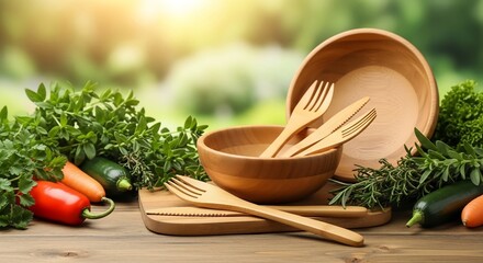 太陽の下、木製食器と新鮮な野菜が美しく並ぶ、健康的な食卓の風景
