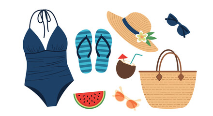 Collection of essential summer beach vacation accessories including a swimsuit flip-flops a straw hat and sunglasses.