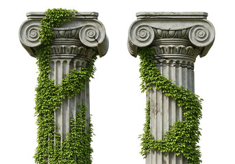 Two ancient weathered ionic columns with green ivy vines growing around them, isolated on white background