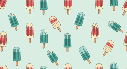Refreshing seamless pattern of red white and blue ice cream popsicles scattered on a light blue background for summer.