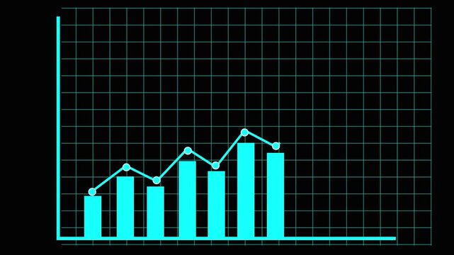 Cyan Bar Chart and Line Graph with Grid on animated Black Background data visualization statistics, Bar chart and line graph with grid, data visualization, statistics interface, and glowing chart