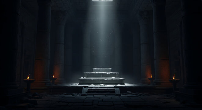 Ancient temple interior with a single beam of light illuminating a mysterious altar in a dark, sacred chamber