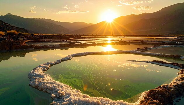 A breathtaking sunset casts a golden glow over a landscape of salt flats and shallow, rippling water, with mountains silhouetted in the distance.