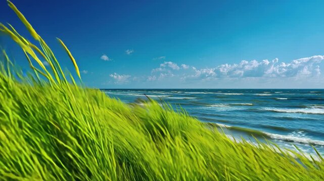 Dynamic grassy beach meets ocean waves under a vibrant blue sky, perfect for summer vibes, 4K