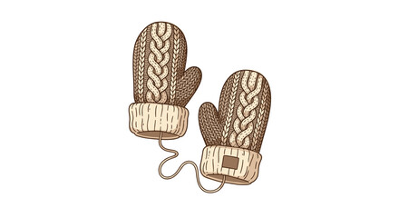 Cozy pair of hand-drawn brown cable-knit mittens with cuffs connected by a string for keeping warm in the winter.