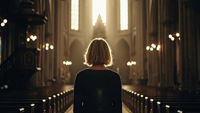 Woman standing in a church aisle bathed in sunlight.