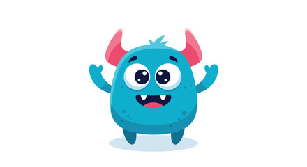 Cute and cheerful little blue monster with pink horns and big eyes raising its arms in a happy and friendly gesture.