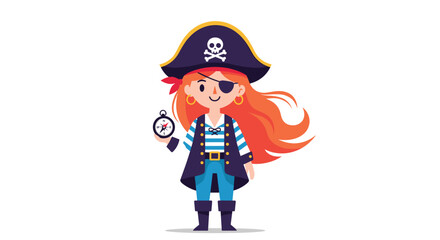 Full-length cartoon of a brave pirate girl with red hair wearing a hat an eyepatch and holding a compass for adventure.