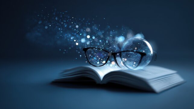 Open book with eyeglasses and orb