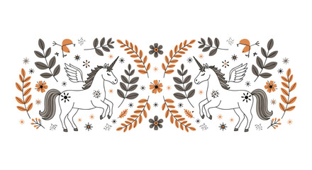 Symmetrical folk art illustration with two winged unicorns surrounded by decorative leaves flowers and stars in a rustic style.