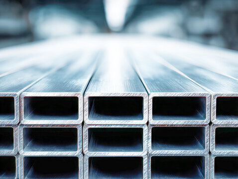 Stacked rectangular metal tubes creating an industrial pattern with a polished steel surface reflecting light in a warehouse environment - Powered by Adobe
