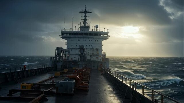 Large ship sailing on wavy ocean under dramatic sky with changing sunlight. Marine vessel navigating rough waters during stormy weather.