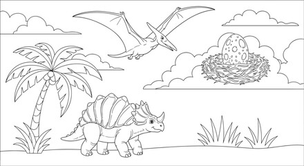 Children's coloring page featuring a triceratops dinosaur a pterodactyl and a nest with an egg in a prehistoric landscape. © Power Clipart