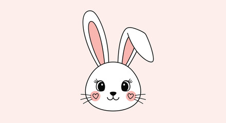 Adorable face of a cute white bunny rabbit with long ears and sweet heart-shaped blush on its cheeks on a pink background.