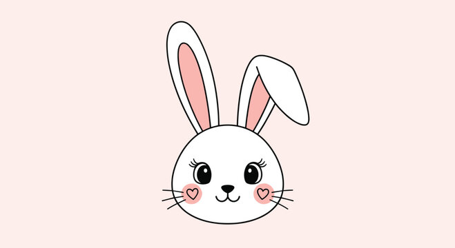 Adorable face of a cute white bunny rabbit with long ears and sweet heart-shaped blush on its cheeks on a pink background.
