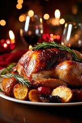 A home-cooked roast chicken garnished with rosemary, surrounded by roasted vegetables