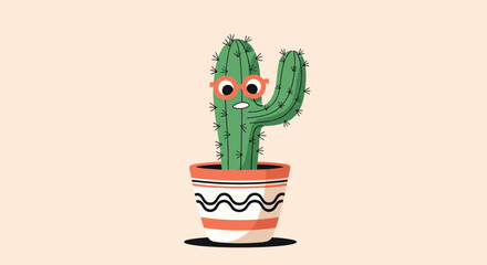 Cute and funny cartoon cactus character with a surprised expression wearing red glasses in a decorative pot illustration.