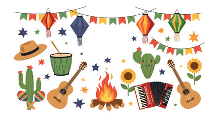 Collection of colorful vector elements for the Brazilian Festa Junina celebration with guitars lanterns a campfire and cacti.