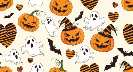 Cute and spooky seamless Halloween pattern with cartoon ghosts jack-o'-lanterns flying bats and striped orange hearts.