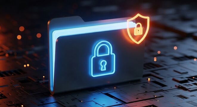 Secure digital data: cybersecurity folder with glowing lock and shield