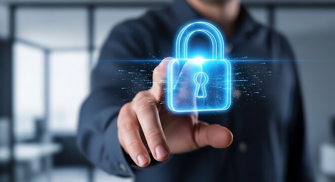 Cybersecurity & data protection: man activating digital lock screen