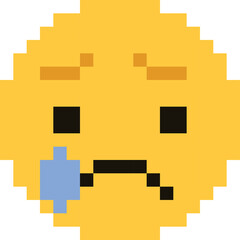 Pixelated Yellow Face Emoji Sad Expression With Blue Tear Droplet On Transparent Background