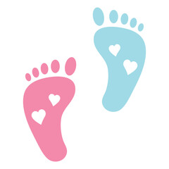 Baby feet icon. Love heart blue boy or pink girl sign. Baby feet sign. Set icons colorful. Vector Illustration. 