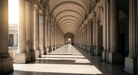 Long, sunlit architectural hallway with a repeating pattern of classical columns and arched ceilings, creating depth