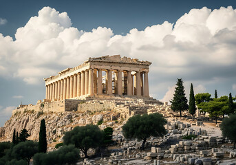 The iconic ancient parthenon temple on the acropolis in athens, greece, under a blue sky with white clouds