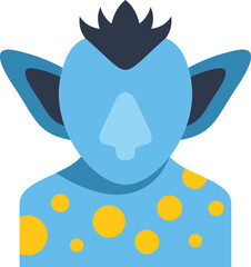 Fototapeta premium Cartoon troll character with blue skin, yellow dots, pointy ears and black hair, ideal for fantasy games, books, and animations