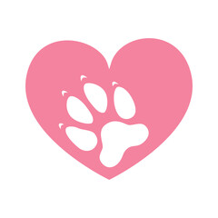 Animal love symbol paw print with heart. Heart and pet paw print dog cat icon set. Vector illustration