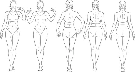 Female body outline sketch, fashion croquis template, woman in underwear front and back view, vector line art illustration, isolated model.
