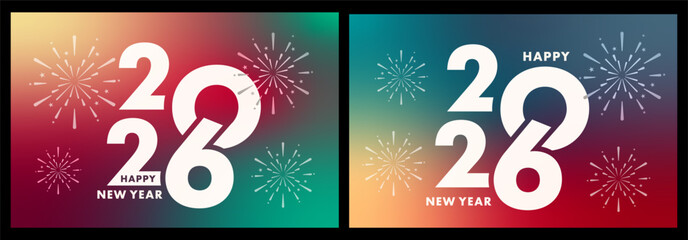 Happy new year 2026 banner with fireworks and colorful gradient background. Vector poster template. Greeting card.