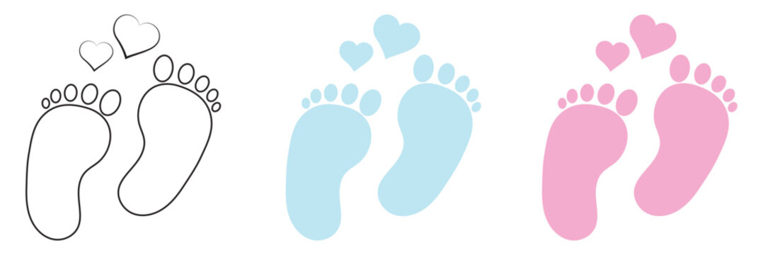 New born, pregnant or coming soon footprints shoes and shoe sole. Kids or baby feet and foot steps Fun vector footsteps icon for print. Love heart blue boy or pink girl sign on white back ground eps10