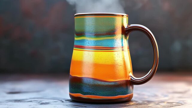 A ceramic mug displaying vibrant wave patterns is handcrafted at a pottery workshop with skilled artisans