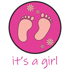 Pink Little Baby Feet Vector Card. Hand Drawn Baby Shower Illustration. Pink Baby Girl Footprints on a White Background .Sweet Pink Little Heart on a White. Lovely Nursery Art. Vector Design.