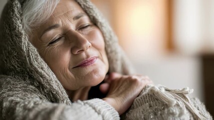 Senior woman resting peacefully with soft blanket, serene moment of calm and contentment, 4K