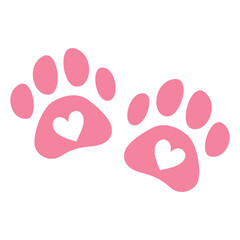 Animal love symbol paw print with heart. Heart and pet paw print dog cat icon set. Vector illustration