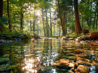 Obraz premium Tranquil forest stream with sunlight filtering through dense trees and clear water flowing over colorful river stones in a peaceful natural setting