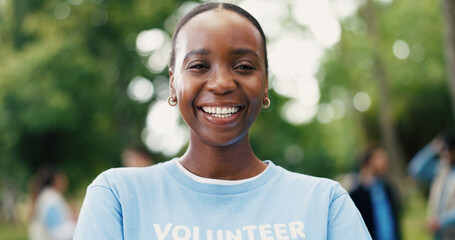 Portrait, volunteer and woman with smile in park, eco advocate and pride for environmental justice. Outdoor, community service or person with social responsibility, bokeh or sustainability activist