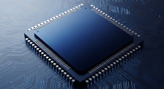 Detailed macro shot of a central processing unit microchip on a circuit board, representing advanced electronic engineering and digital innovation