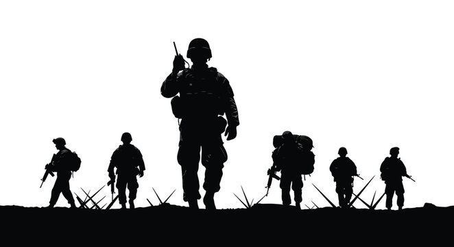 Silhouette of a military unit walking through a field isolated on white background, showcasing teamwork and combat readiness in a war zone